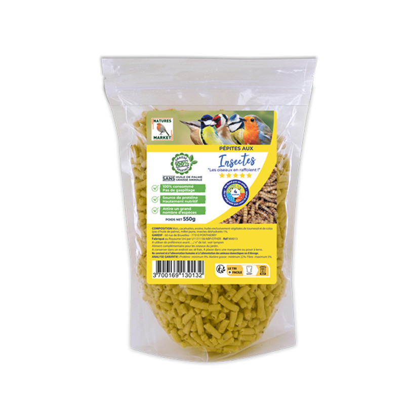Pépites nuggets pour oiseaux graisse végétale sans huile de palme aux insectes et aux fruits Natures Market Oisillon.net