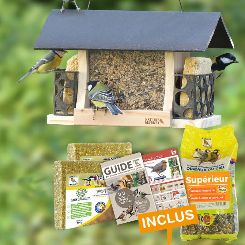 Kit mangeoire Gourmet avec graines et repas. Natures Market -Oisillon.net-