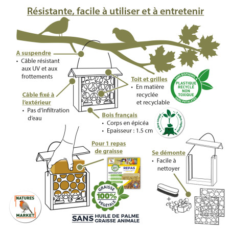Mangeoire le Croque  pour oiseaux Natures Market -Oisillon.net- fabriquée en France-brique alimentaire recyclée
