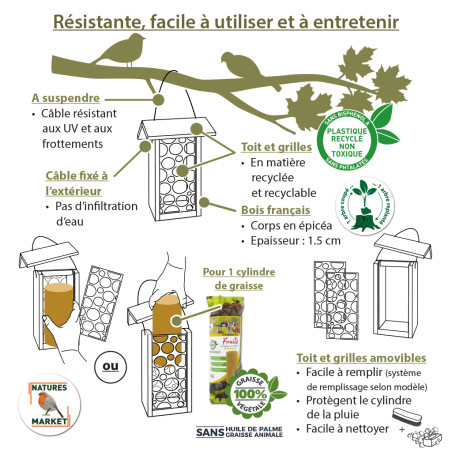 Mangeoire le Gueuleton  pour oiseaux Natures Market -Oisillon.net- fabriquée en France-brique alimentaire recyclée