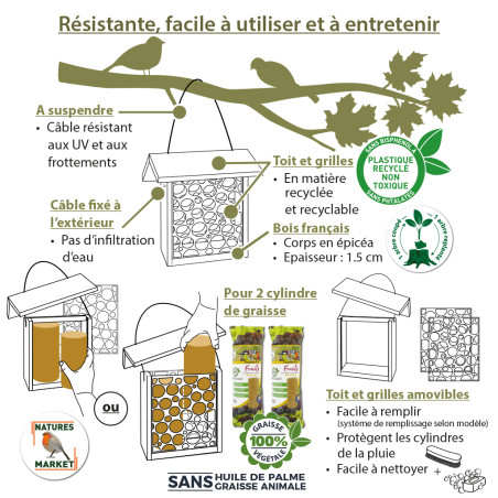 Mangeoire le Gargantuesque pour oiseaux Natures Market -Oisillon.net- fabriquée en France-brique alimentaire recyclée