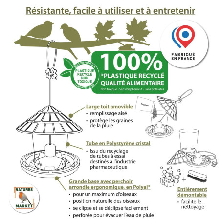 Emilie mangeoire pour graines écoresponsable en plastique 10% recyclé fabriquée en France par Natures Market. Oisillon.net Emilie mangeoire pour graines écoresponsable en plastique 10% recyclé fabriquée en France par Natures Market. Oisillon.net