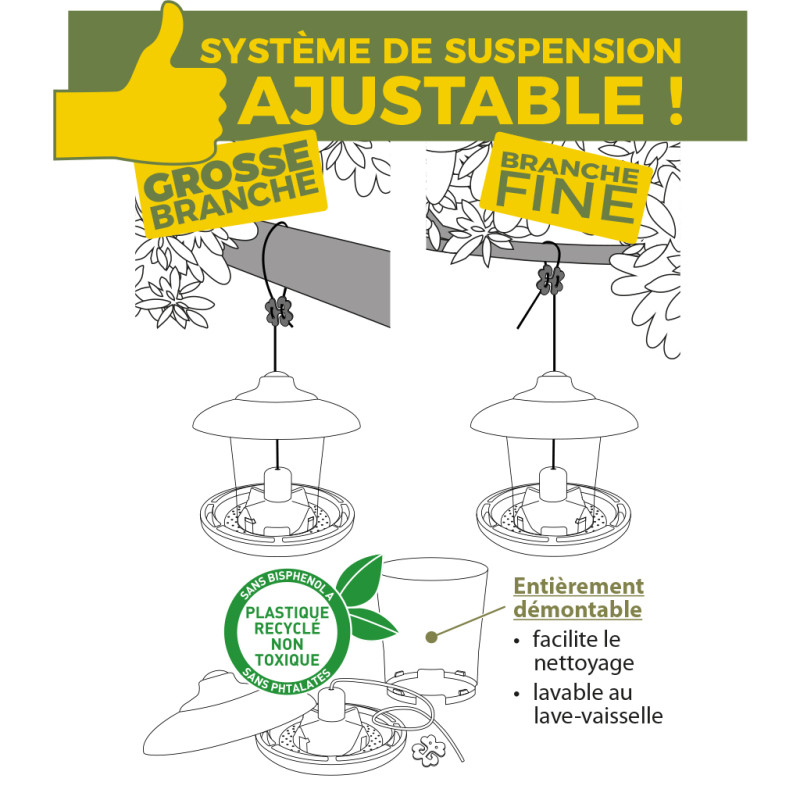 Julie mangeoire pour graines écoresponsable en plastique 10% recyclé fabriquée en France par Natures Market. Oisillon.net