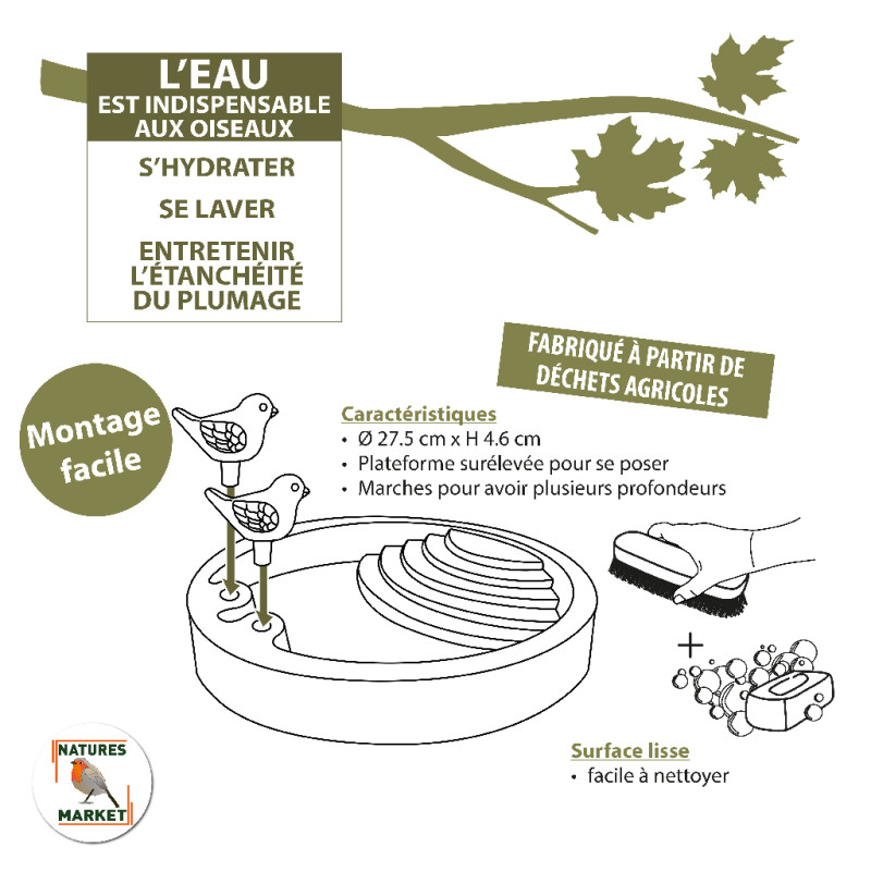 Abreuvoir pour oiseaux bain eau recyclé à poser au sol Natures market Oisillon.net NM682