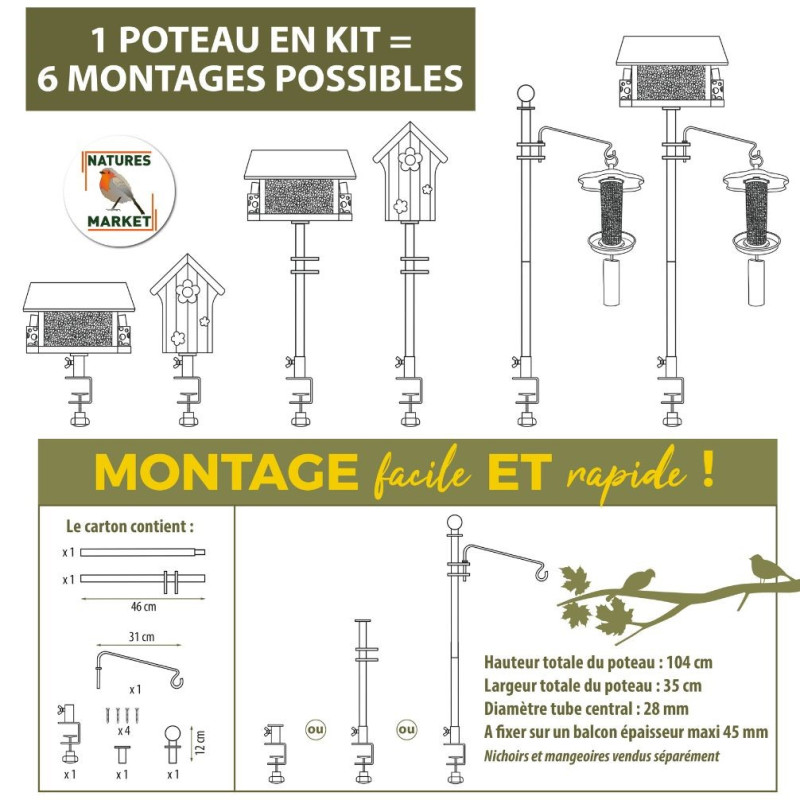 Poteau spécial Balcon à visser pour mangeoire et nichoir. Natures Market Oisillon.net
