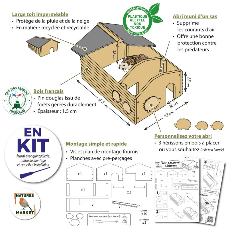 Abri Nichoir pour hérissons fabriqué en France bois et plastique recyclé Made in France Natures market -Oisillon.net-
