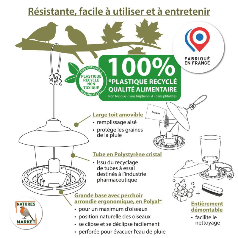 Julie mangeoire pour graines écoresponsable en plastique 10% recyclé fabriquée en France par Natures Market. Oisillon.net