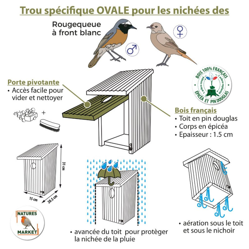 nichoir spécial Rouge queue à Front Blanc fabriqué en France Made in France Natures Market Oisillon.net NM729 bois