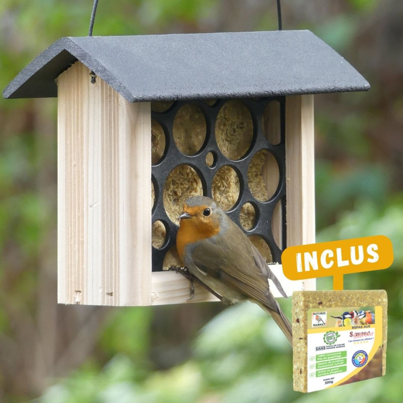 Mangeoire le Croque  pour oiseaux Natures Market -Oisillon.net- fabriquée en France-brique alimentaire recyclée
