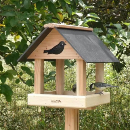 Mangeoire pour oiseaux sur pied poteau bois fabriquée en France toit matériau recyclé Natures Market Oisillon.net
