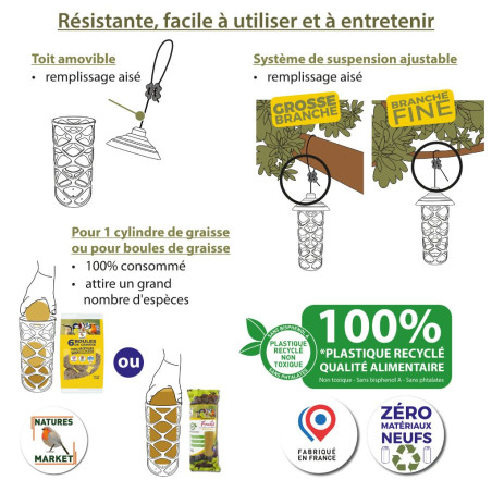Mangeoire Pause gourmande fabriquée en France pour boules de graisse et cylindre de graisse. Natures Market . Oisillon.net