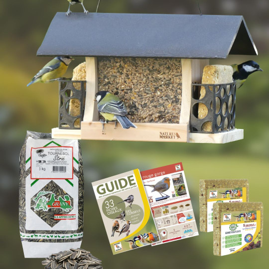 Kit mangeoire Gourmet avec graines et repas. Natures Market -Oisillon.net-