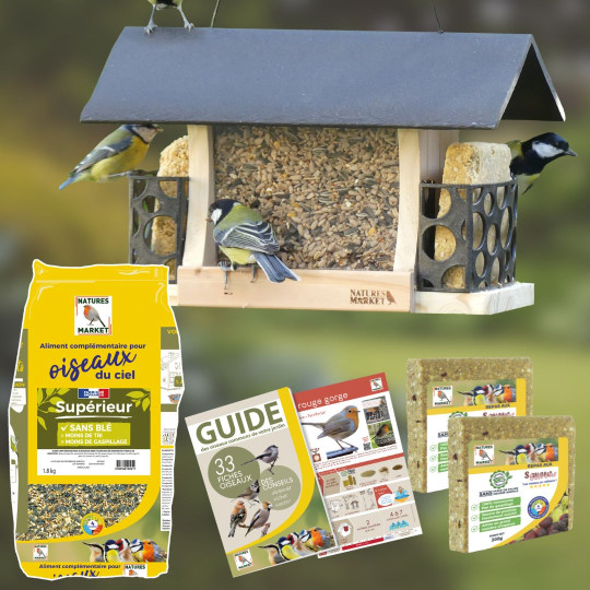 Kit mangeoire Gourmet pour oiseaux avec graines et repas. Natures Market -Oisillon.net-